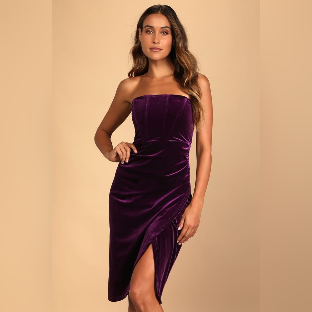 Glamorous Celebrations Dark Purple Velvet Strapless Tulip Dress